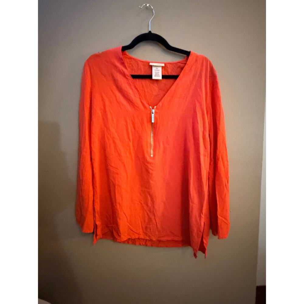 Michael Kors Zip Front Tunic Blouse Orange V Neck Long Sleeve Size S NWT